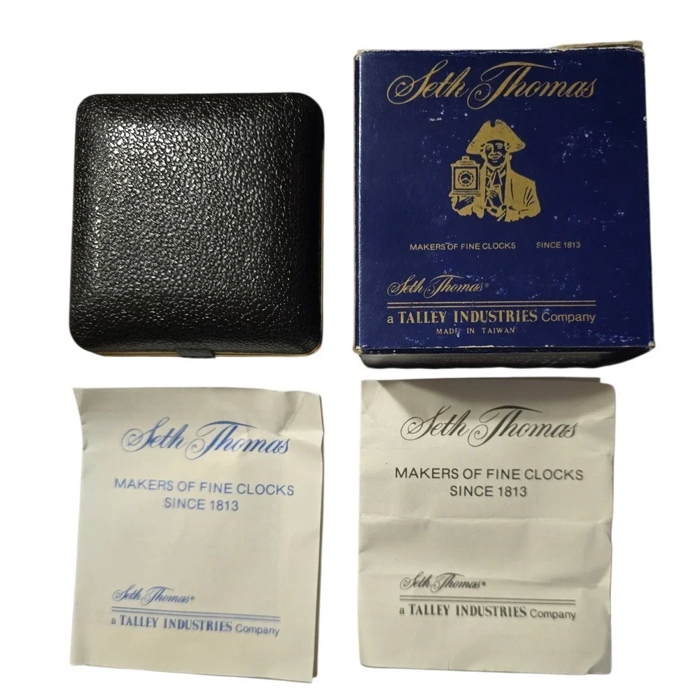 Vtg Seth‎ Thomas Travel Alarm Clock Gold Tone Black Leather Case Wind Up NIB